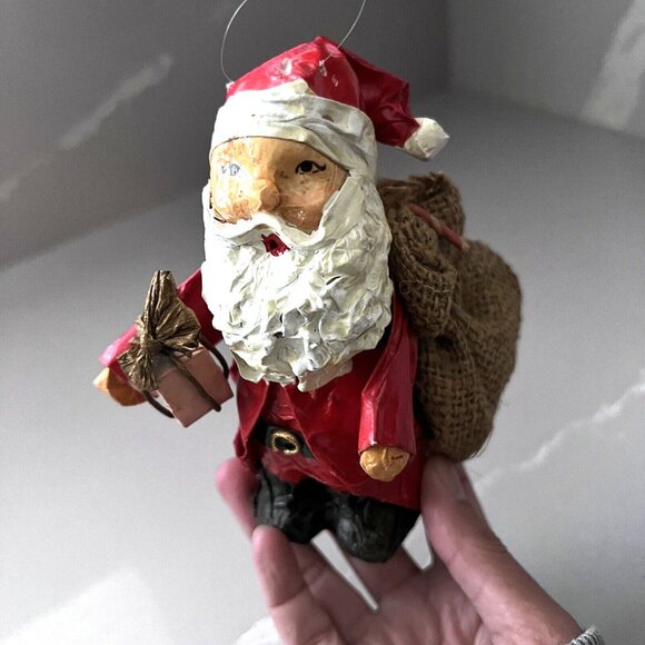 Vintage Paper-mache Santa Figurine Ornament Hand Painted With Burlap Sack - Picture 3 of 4